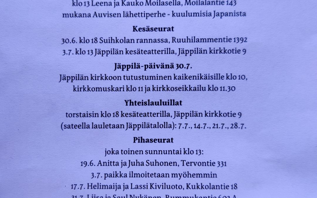 Seurakunnan tapahtumia kesällä 2022